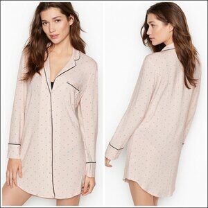 VS Heavenly Modal Long Sleeve Buttoned Sleep Shirt Nightgown, Pink/Dots, Medium
